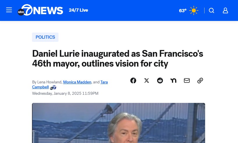 ABC 7 News: Daniel Lurie inaugurated as San Francisco’s 46th mayor, outlines vision for city