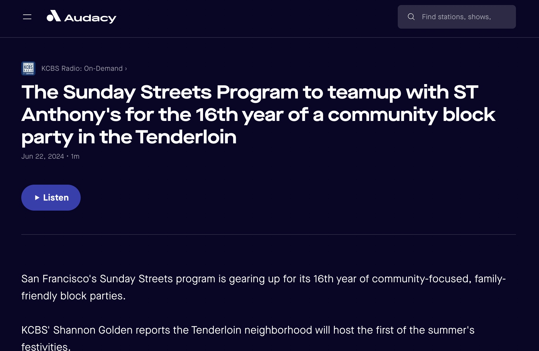 Audacy: The Sunday Streets Program to teamup with ST Anthony’s for the 16th year of a community block party in the Tenderloin
