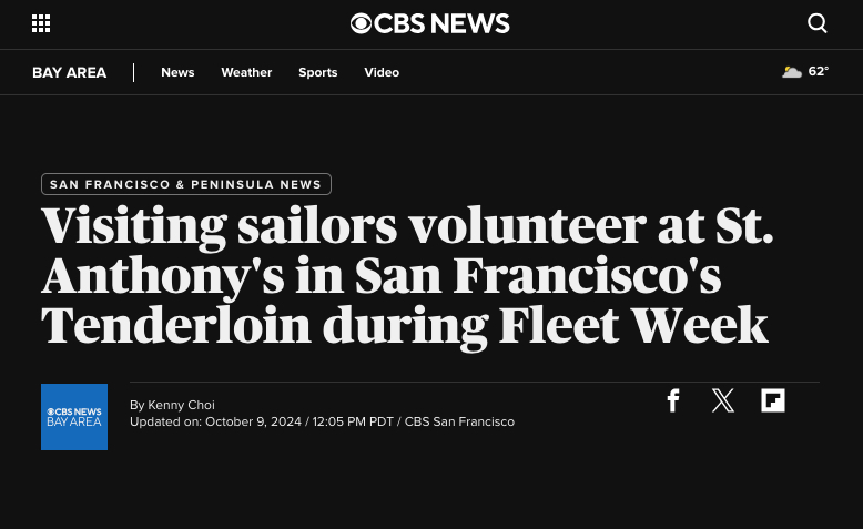 CBS News Bay Area: Visiting sailors volunteer at St. Anthony’s in San Francisco’s Tenderloin during Fleet Week