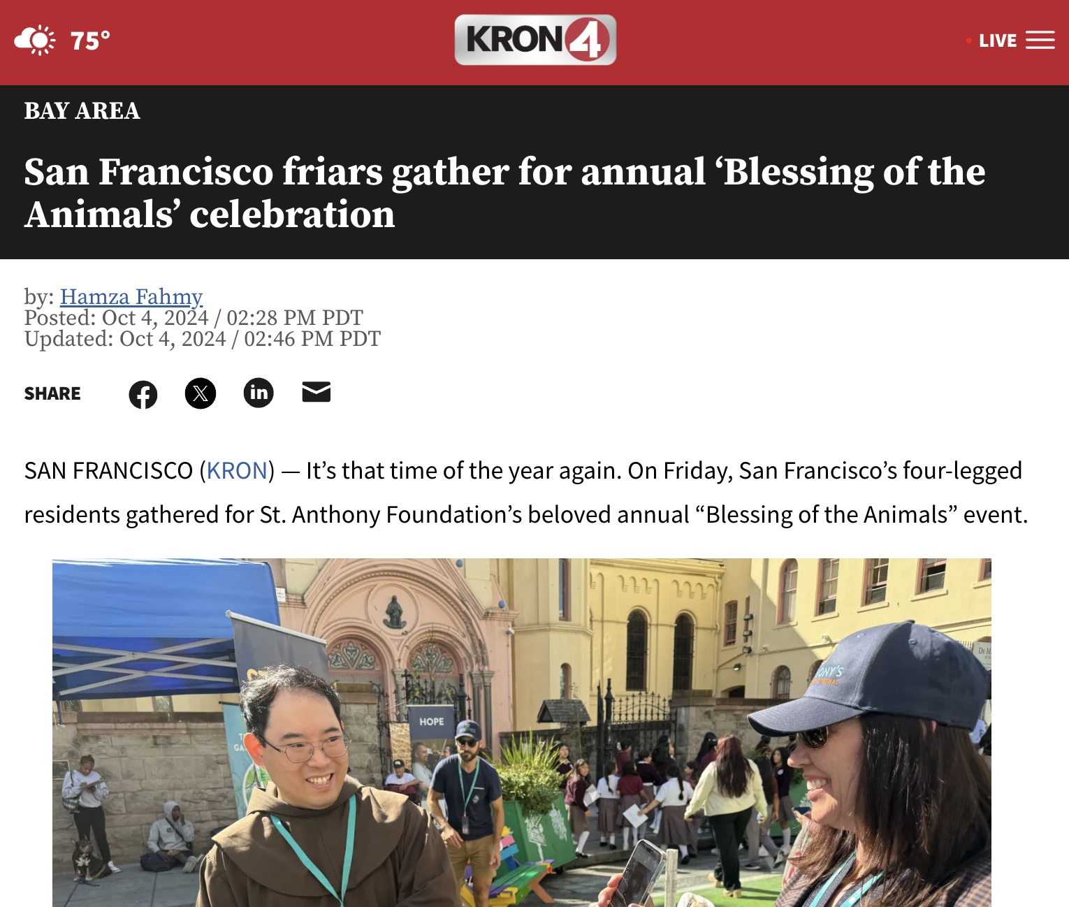 KRON4 News: San Francisco friars gather for annual ‘Blessing of the Animals’ celebration