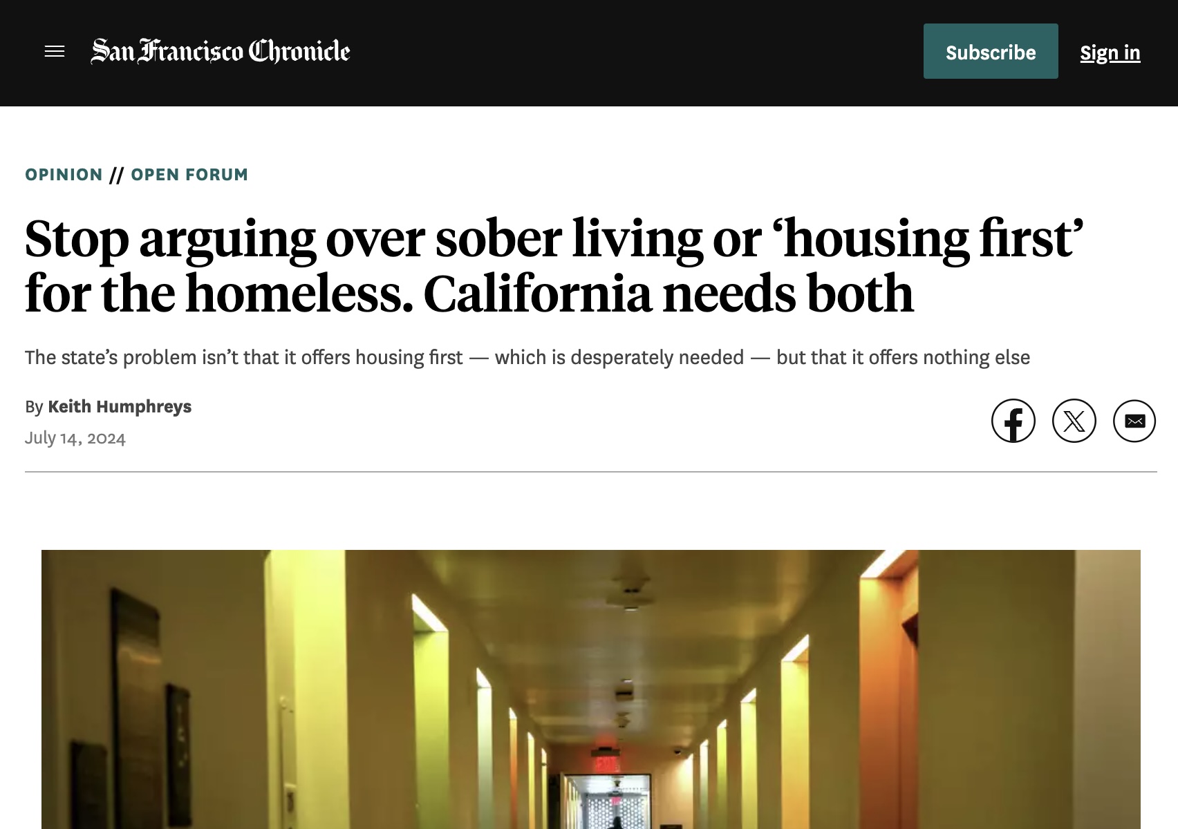 SF Chronicle | Opinion: Stop arguing over sober living or ‘housing first’ for the homeless. California needs both