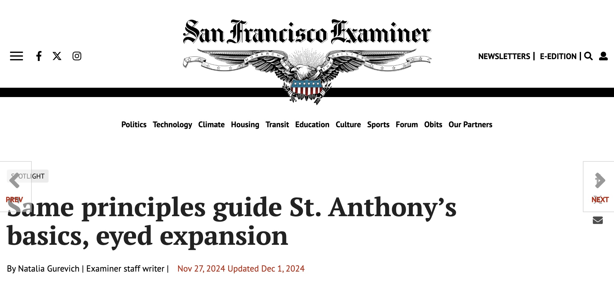 SF Examiner: Same principles guide St. Anthony’s basics, eyed expansion