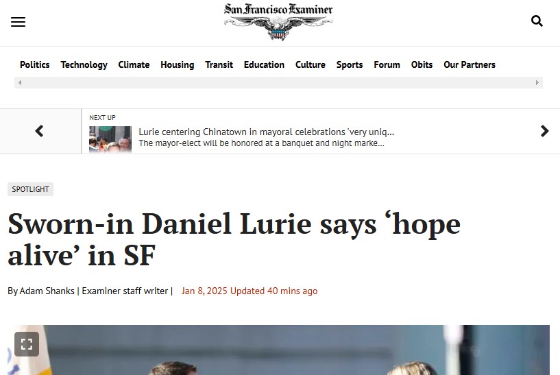 SF Examiner: Sworn-in Daniel Lurie says ‘hope alive’ in SF