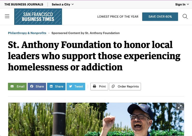 SF Business Times | St. Anthony Foundation to honor local leaders who support those experiencing homelessness or addiction