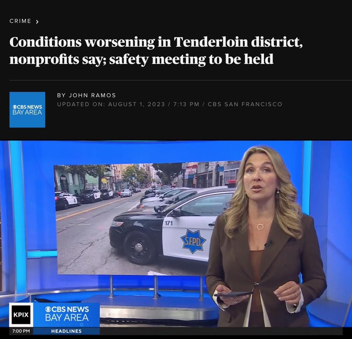 CBS News Bay Area: Conditions worsening in Tenderloin district, nonprofits say; safety meeting to be held